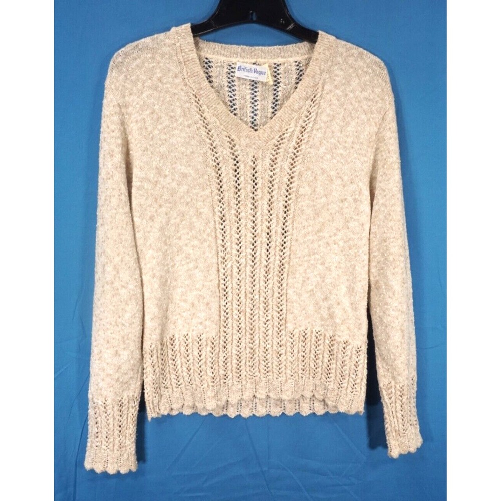 VTG British Vogue OATMEAL NATURAL BEIGE Slub Knit POINTELLE SWEATER V-Neck L